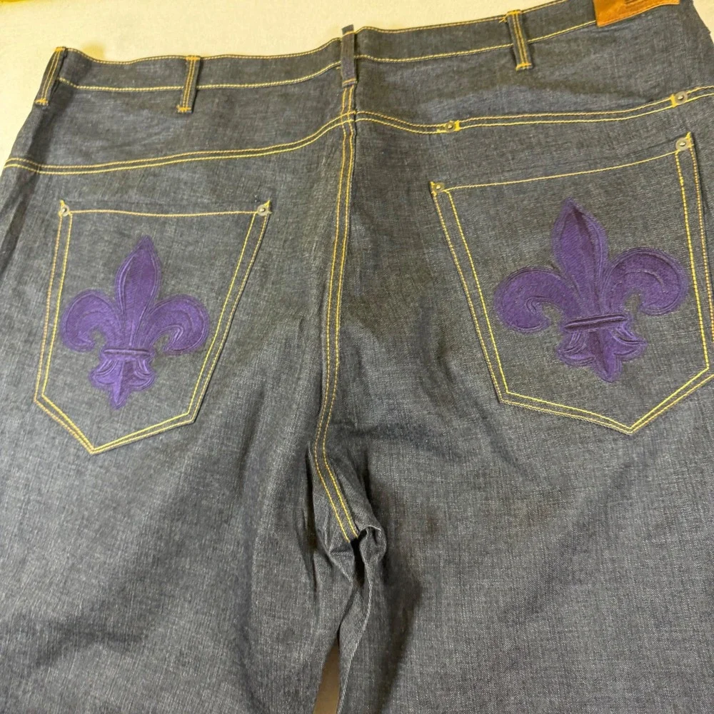 Sean John Mens Baggy Raw Denim Jeans Dark Wash Purple Fleur De Lis Size 48B